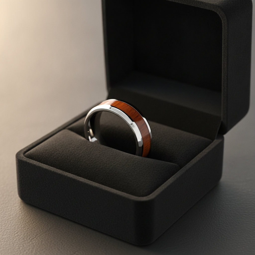 KONA silver tungsten carbide ring with hawaiian koa wood inlay running around the band and polished beveled edges nested in a black velvet ring box, editorial jewelry shot