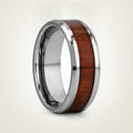 KONA silver tungsten carbide ring with hawaiian koa wood inlay running around the band and polished beveled edges, studio hero shot