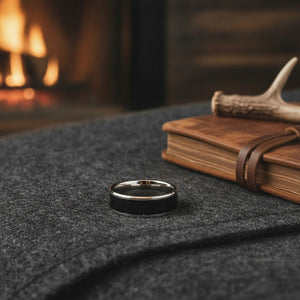 Aydins KONSTANTINE | Tungsten Ring Black Ceramic Inlay lifestyle scene, hunting lodge antler