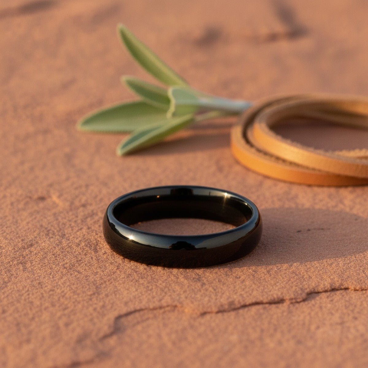 Aydins LANDON | Ceramic Ring Black Domed lifestyle scene, red canyon rock