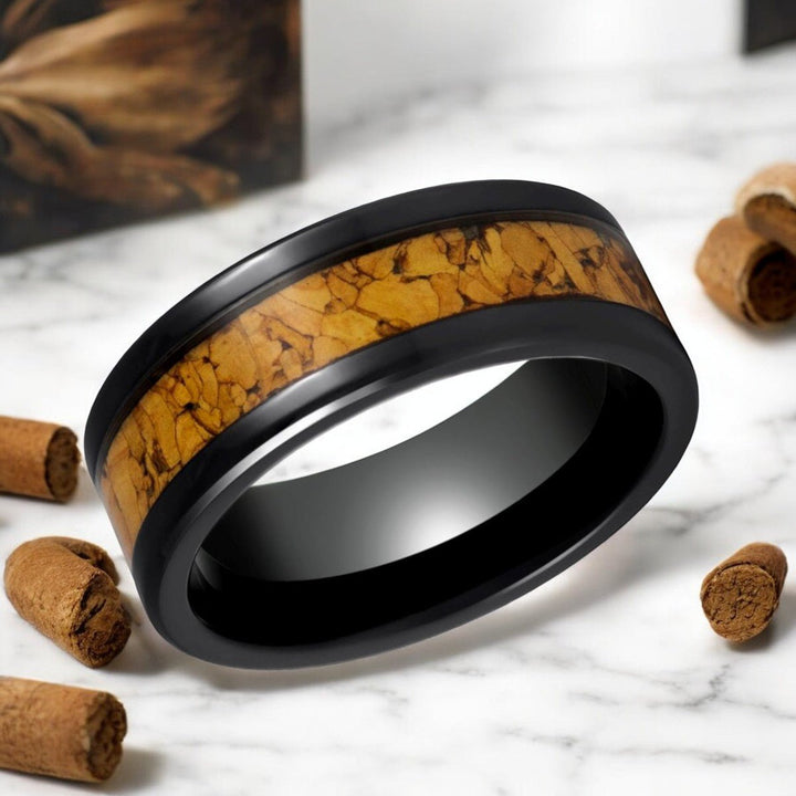 LANG Black Tungsten Ring with Natural Cork Inlay - Angled View