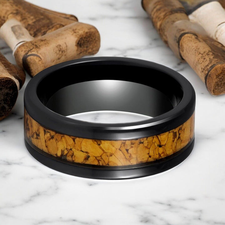 LANG Black Tungsten Ring with Natural Cork Inlay - Laying Flat