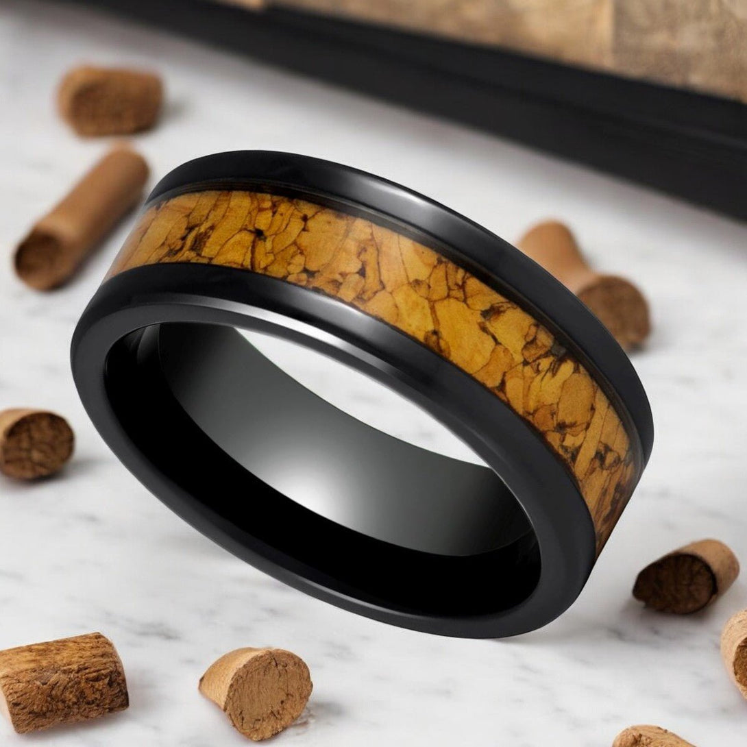 LANG Black Tungsten Ring with Natural Cork Inlay - Lifestyle Background