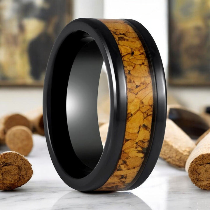 LANG Black Tungsten Ring with Natural Cork Inlay - Front View