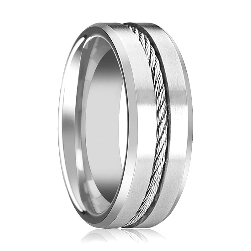 LANNISTER | Silver Tungsten Ring, Steel Wire Cable Inlay, Beveled - Rings - Aydins Jewelry - 1