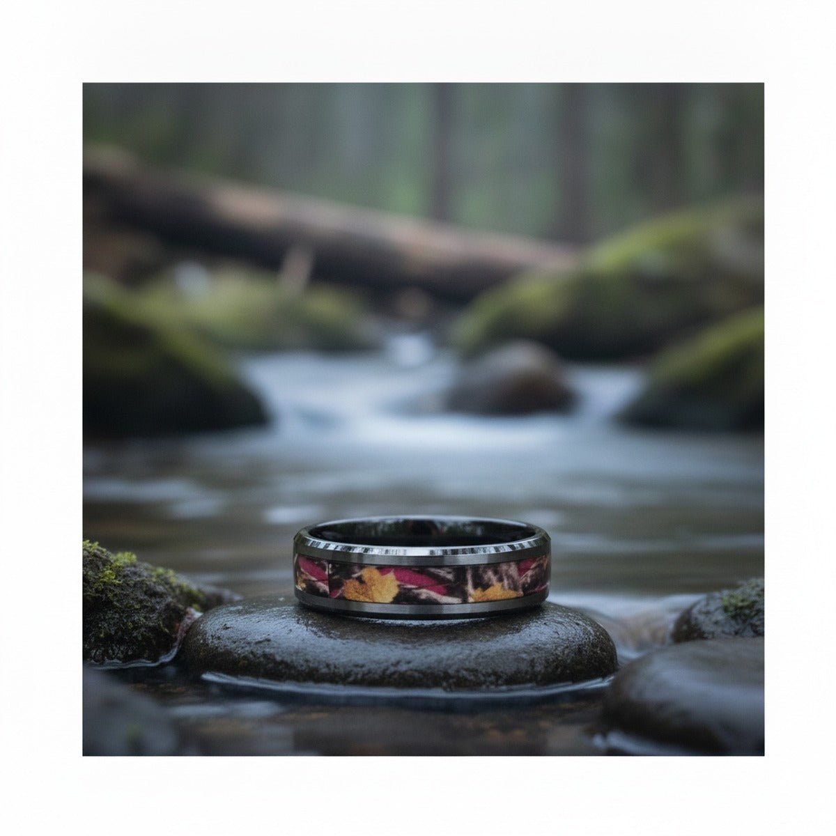 Aydins LAUREL | Ceramic Ring Real Pink Oak Leaves lifestyle scene, river stones