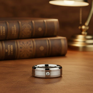 Aydins LAURENT | Platinum Inlaid Beveled Tungsten Ring with Diamond - 8mm lifestyle scene, leather library
