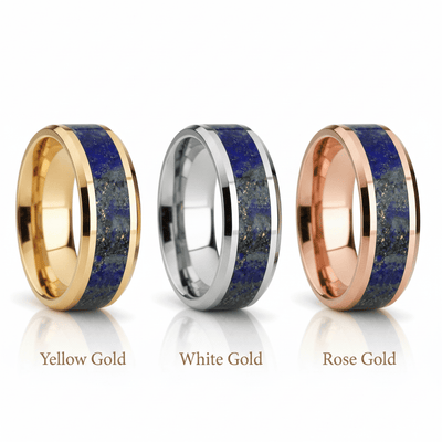 Lapis Lazuli inlay 14k yellow gold wedding band 8mm, top view