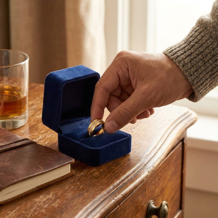 LEGEND | Gold Tungsten Ring, Diamond Stimulant CZ Eternity, Flat - Rings - Aydins Jewelry - inside of a ring box