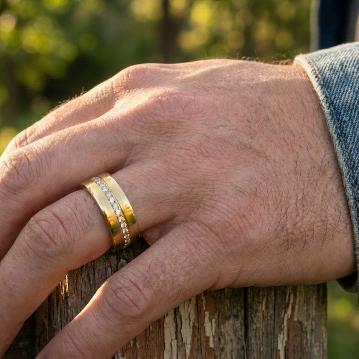 LEGEND | Gold Tungsten Ring, Diamond Stimulant CZ Eternity, Flat - Rings - Aydins Jewelry - On a mans ring finger outdoors