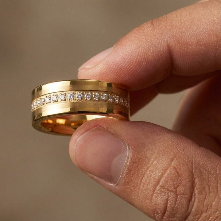 LEGEND | Gold Tungsten Ring, Diamond Stimulant CZ Eternity, Flat - Rings - Aydins Jewelry - Holding between fingers