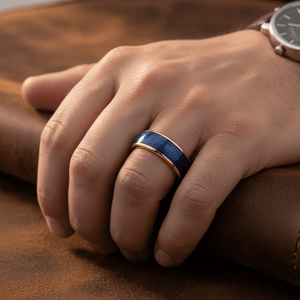 LEHRI — Lifestyle photo on hand — men's tungsten wedding ring.