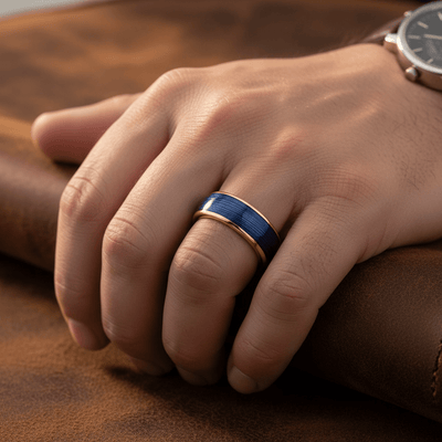 LEHRI — Lifestyle photo on hand — men's tungsten wedding ring.