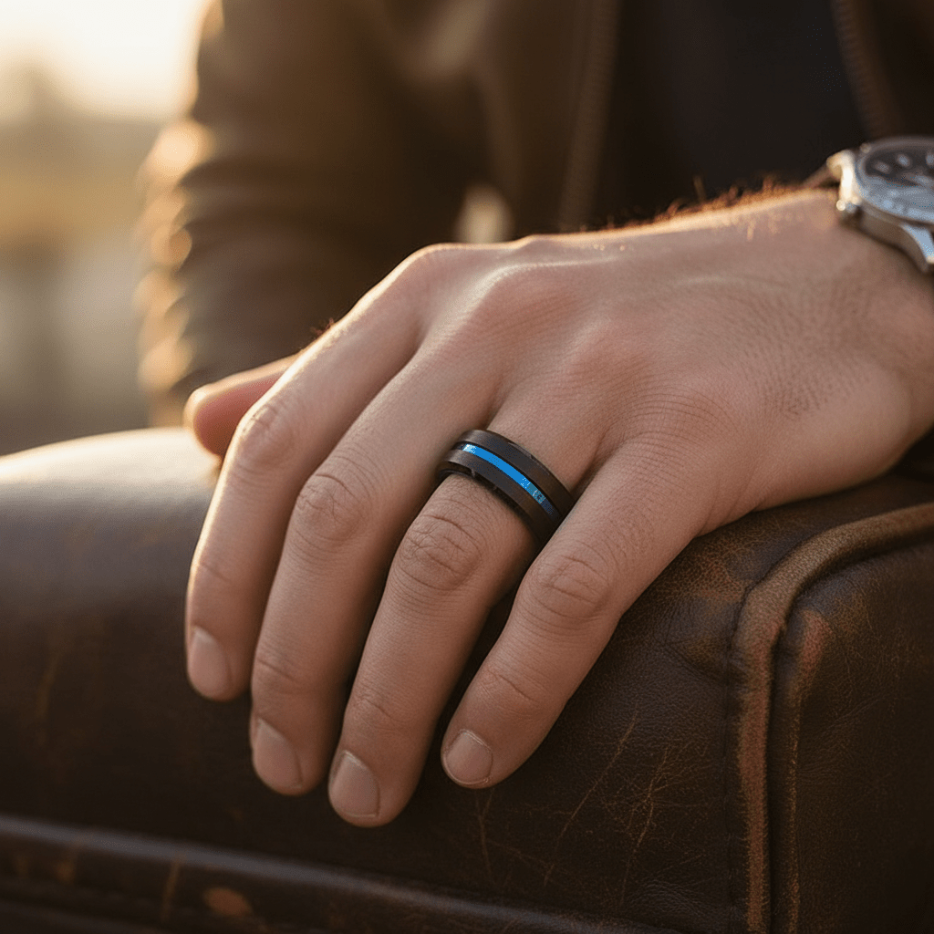 LELRA — Lifestyle photo on hand — men's tungsten wedding ring.