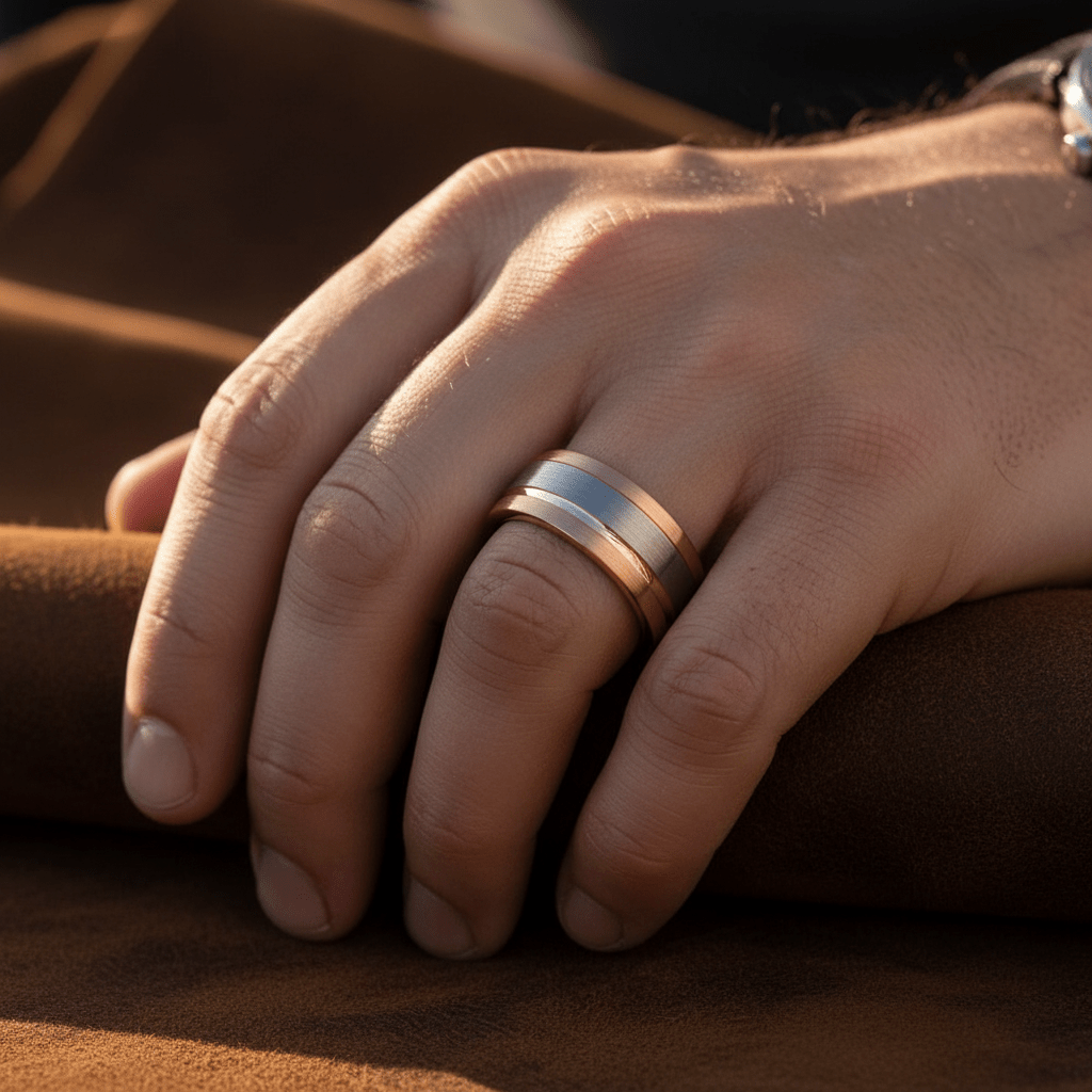 LEONEL — Lifestyle photo on hand — men's tungsten wedding ring.