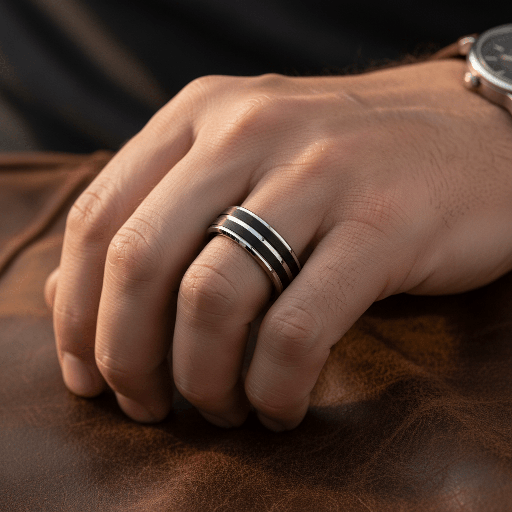 LEOPARD — Lifestyle photo on hand — men's tungsten wedding ring.