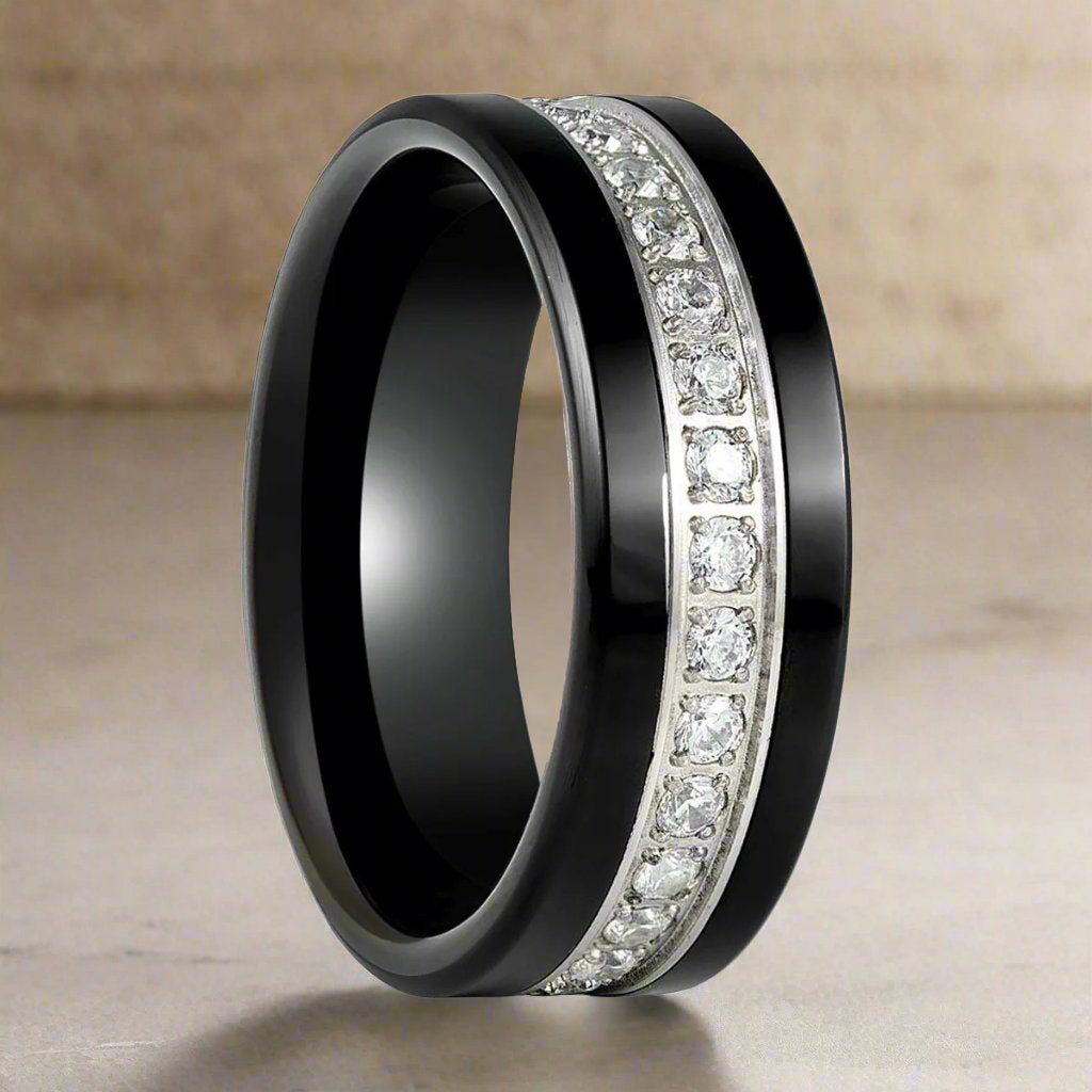 Close-up of LEPORIS Ring - Black Tungsten with Diamond Stimulant CZ Stones