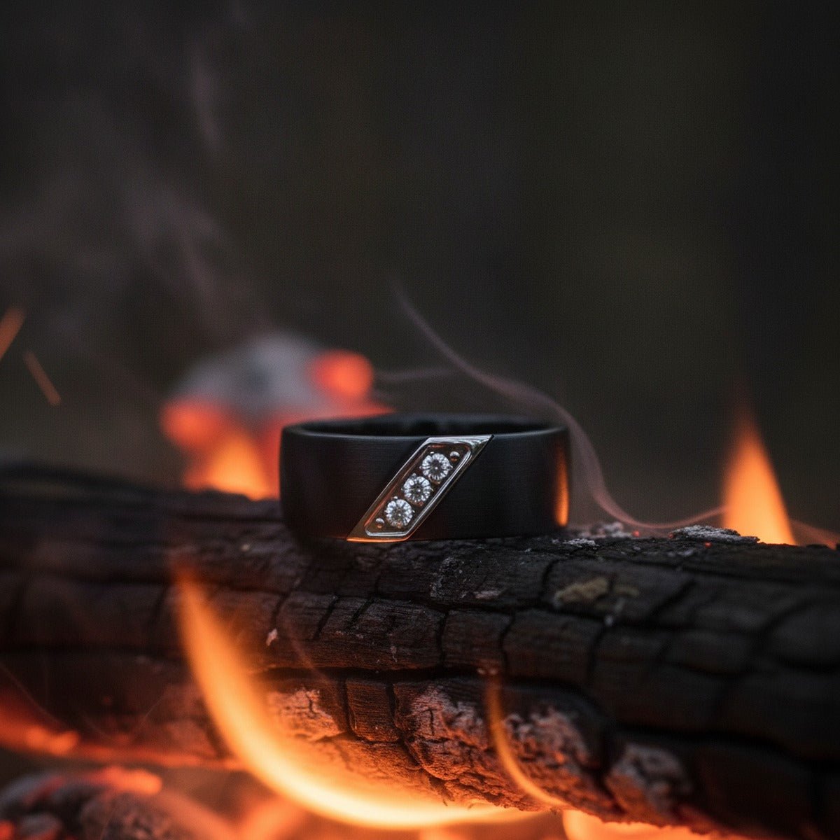 Aydins LIAM | Black Tungsten Carbide Ring, Diamond Accent lifestyle scene, bonfire embers
