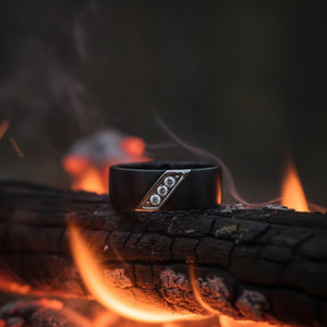 Aydins LIAM | Black Tungsten Carbide Ring, Diamond Accent lifestyle scene, bonfire embers