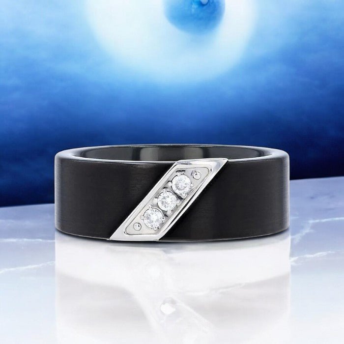 Sleek black tungsten ring with satin finish, diagonal diamonds, and comfort-fit interior - Aydins Jewelry.