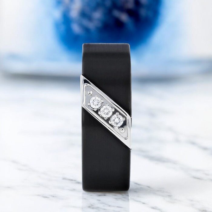 Modern black tungsten carbide wedding band with bold diagonal diamond accents - Aydins Jewelry.