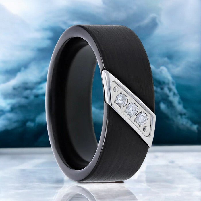 Black tungsten ring with satin finish and diagonal diamond accents in stainless steel, 8mm width - Aydins Jewelry.