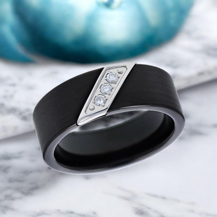 LIAM black tungsten carbide wedding band featuring diagonal diamonds and satin finish - Aydins Jewelry.