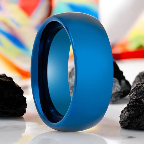 LIGHTNING | Blue Tungsten Ring, Shiny High Polished, Domed