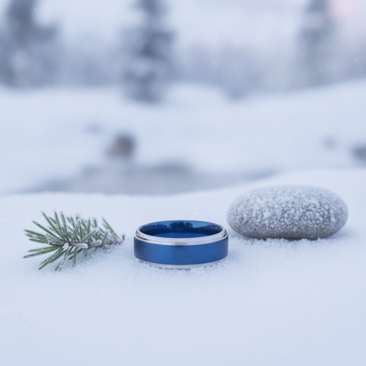 Aydins LINARD | Brushed Deep Blue Tungsten Silver Stepped Edge Wedding Ring 8mm lifestyle scene, snowy pine