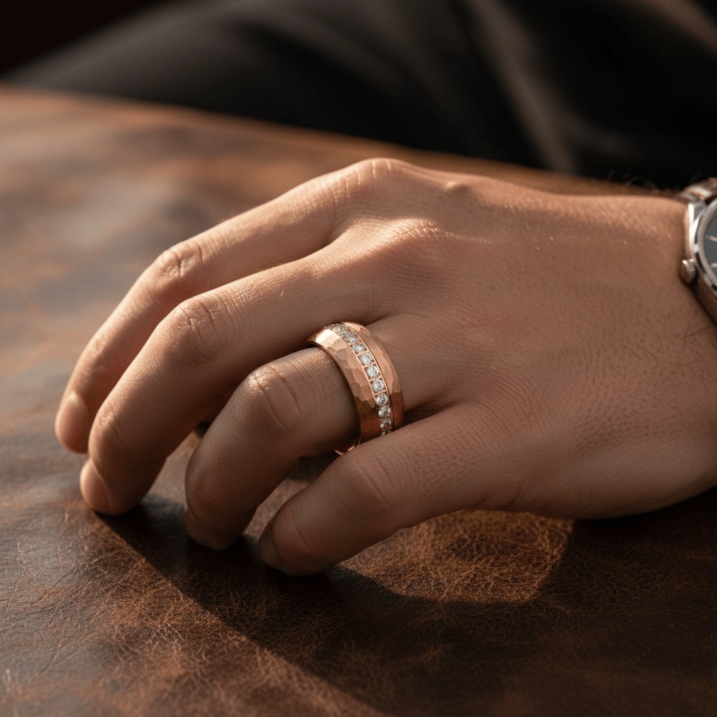 LOPEZVILLE — Lifestyle photo on hand — men's tungsten wedding ring.