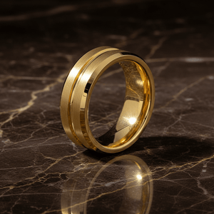 LUCIO — Luxury 3/4 angle on dark marble — men's tungsten wedding ring.