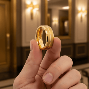 LUCIO — Held between fingers close-up — men's tungsten wedding ring.