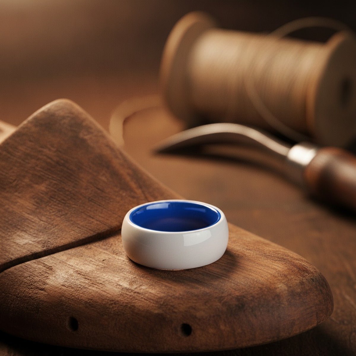 Aydins LUMINA | Blue Ring, White Ceramic Ring, Domed lifestyle scene, cobbler lasts