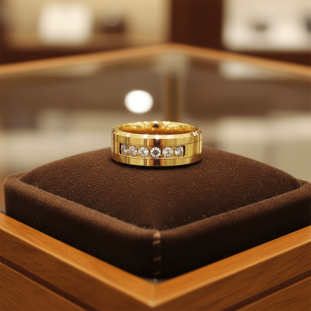 LUMINEX — Premium boutique display on velvet — men's tungsten wedding ring.