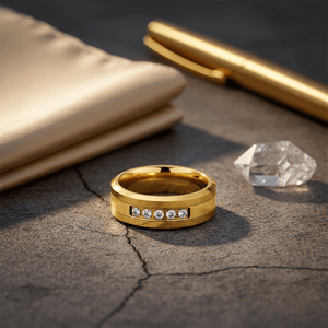 LUMINEX — Editorial masculine still life — men's tungsten wedding ring.