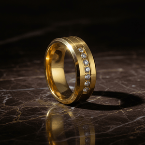 LUMINEX — Luxury 3/4 angle on dark marble — men's tungsten wedding ring.