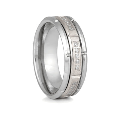 LUMORA silver tungsten ring with sectional white CZ accents and beveled edges - front view