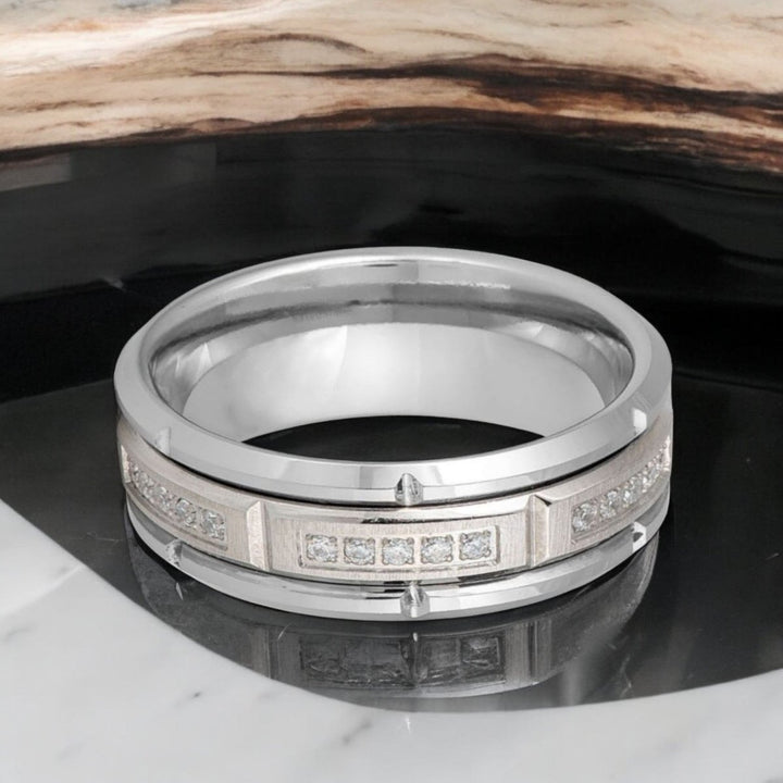 8mm LUMORA silver tungsten band with sectional CZ inlays.