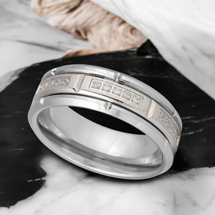 LUMORA Silver Tungsten Comfort-Fit Wedding Band with luxury sectional design.