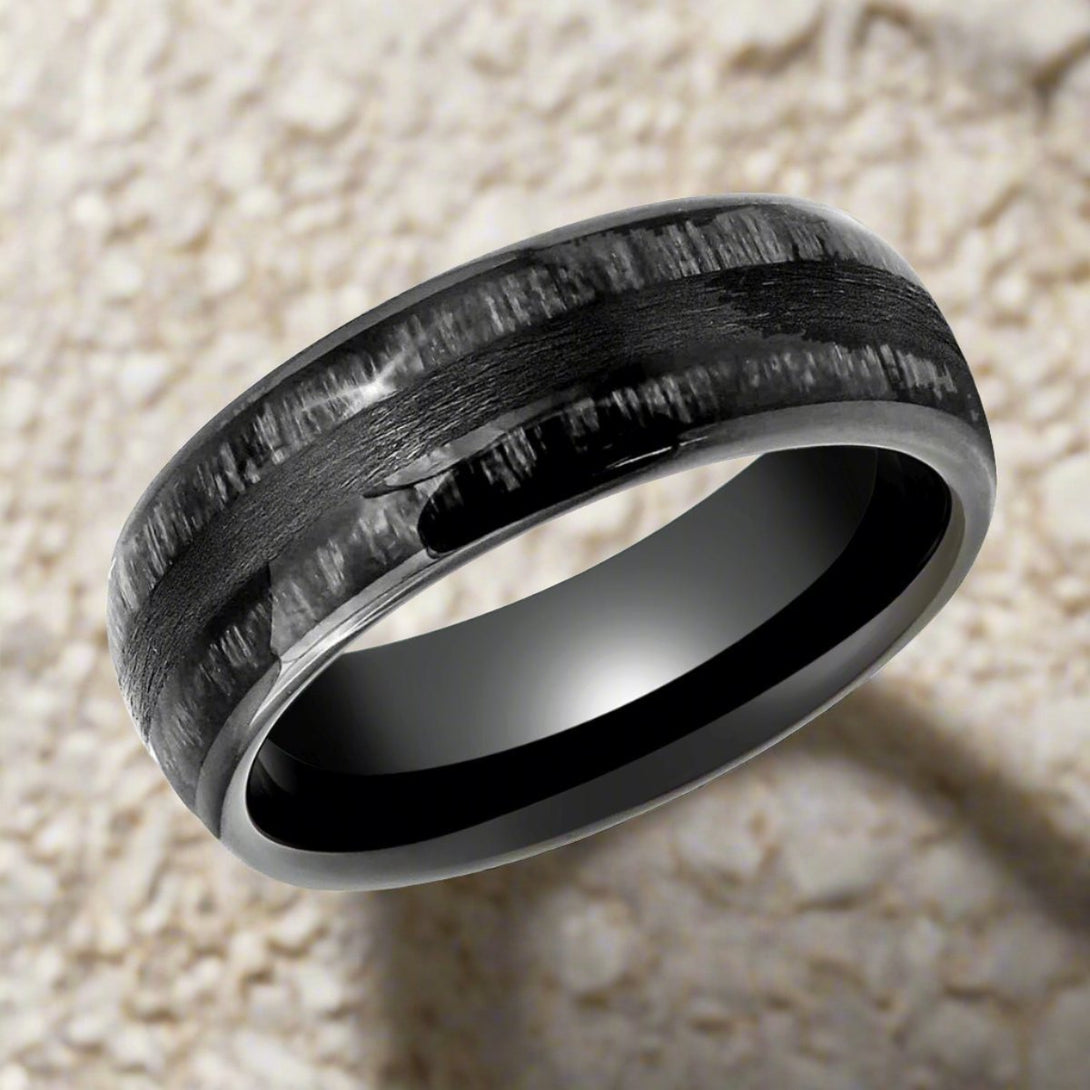 LUQUE | Black Tungsten Ring, Charcoal Wood Inlay, Domed - Rings - Aydins Jewelry - 4