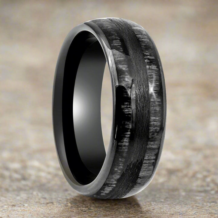 LUQUE | Black Tungsten Ring, Charcoal Wood Inlay, Domed - Rings - Aydins Jewelry - 3