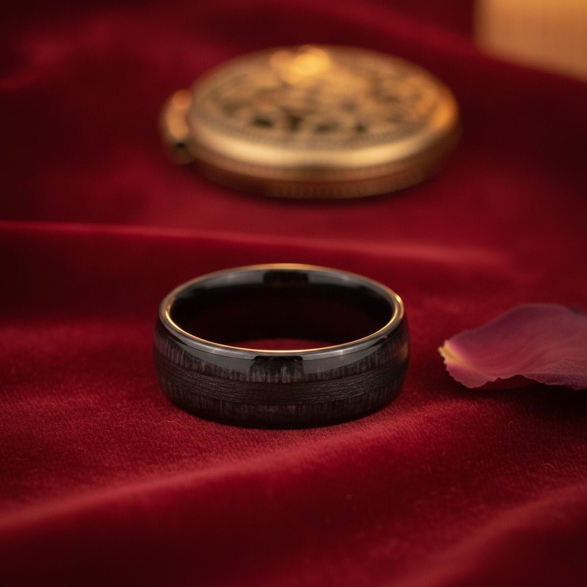 Aydins LUQUE | Tungsten Wood Grain Inlay Ring 8mm lifestyle scene, valentine velvet