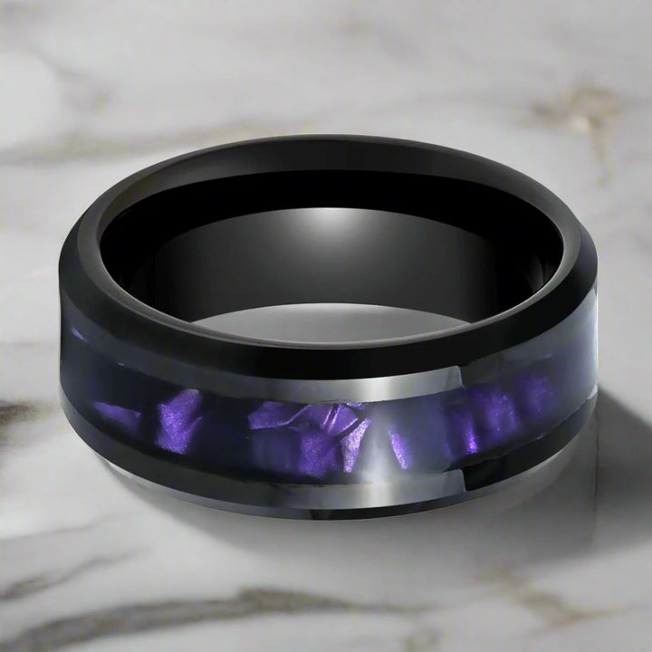 LUSTERS | Black Tungsten Ring, Purple Tiger Cowrie Inlay, Beveled - Rings - Aydins Jewelry - 3