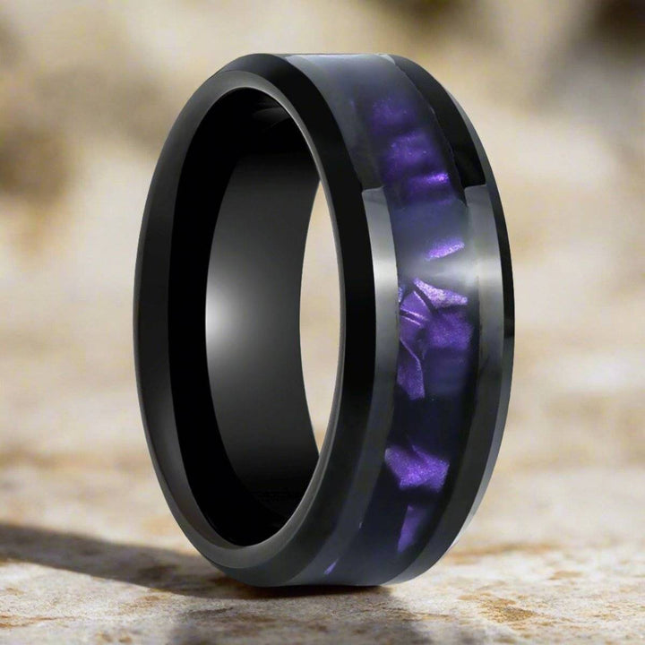 LUSTERS | Black Tungsten Ring with Purple Tiger Cowrie Inlay - Rings - Aydins Jewelry - 3