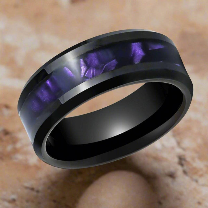 LUSTERS | Black Tungsten Ring with Purple Tiger Cowrie Inlay - Rings - Aydins Jewelry - 4