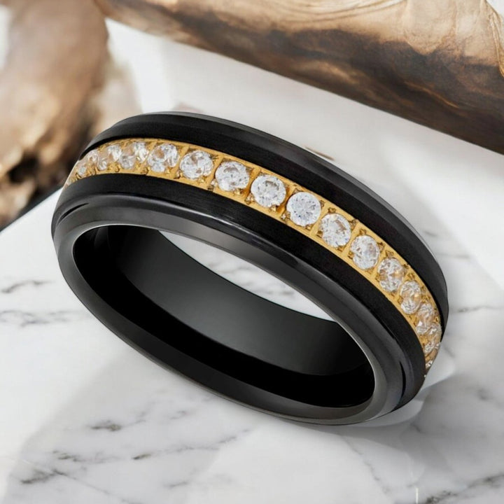 LUSTRE Black Tungsten and Gold Center Ring - a sophisticated design by Aydins Jewelry.