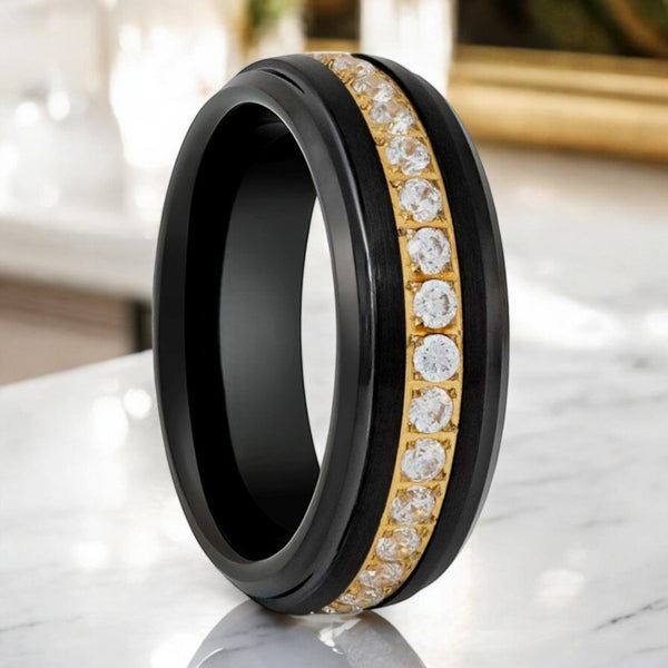 LUSTRE Black Tungsten Ring with White Diamond CZ Eternity on Gold Center - Aydins Jewelry.