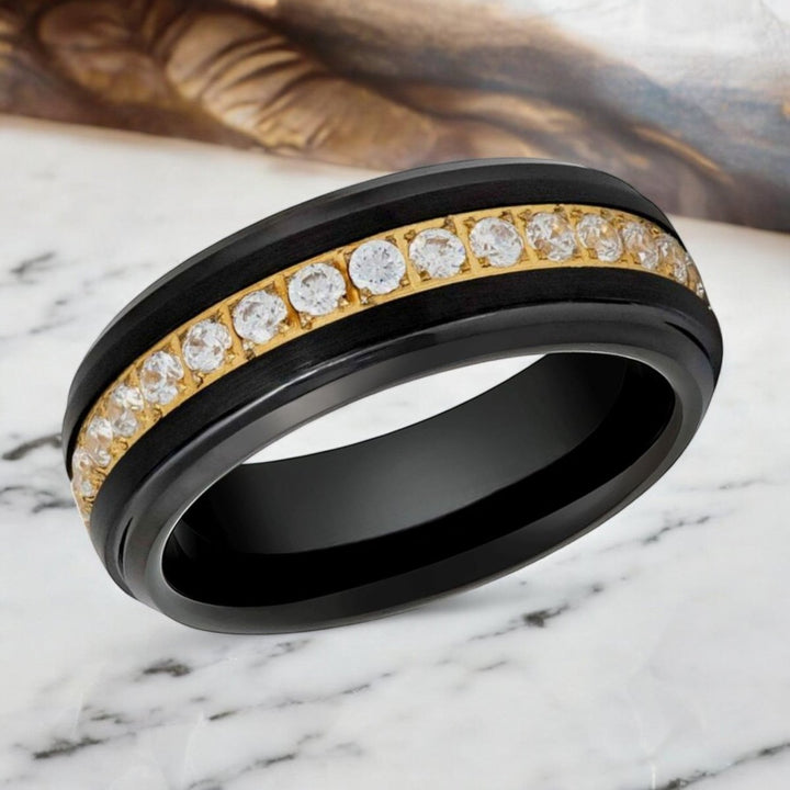 Side view of LUSTRE Black Tungsten Wedding Band featuring CZ diamond details.