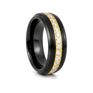 LUSTRE black tungsten wedding ring with gold center and white CZ accents - front view