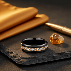 LUSTRE — Editorial masculine still life — men's tungsten wedding ring.